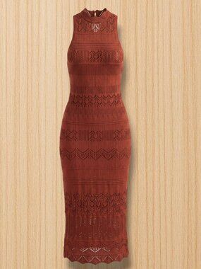 Anthropologie Rust Orange Crochet Knit Mock Neck Maxi Dress L